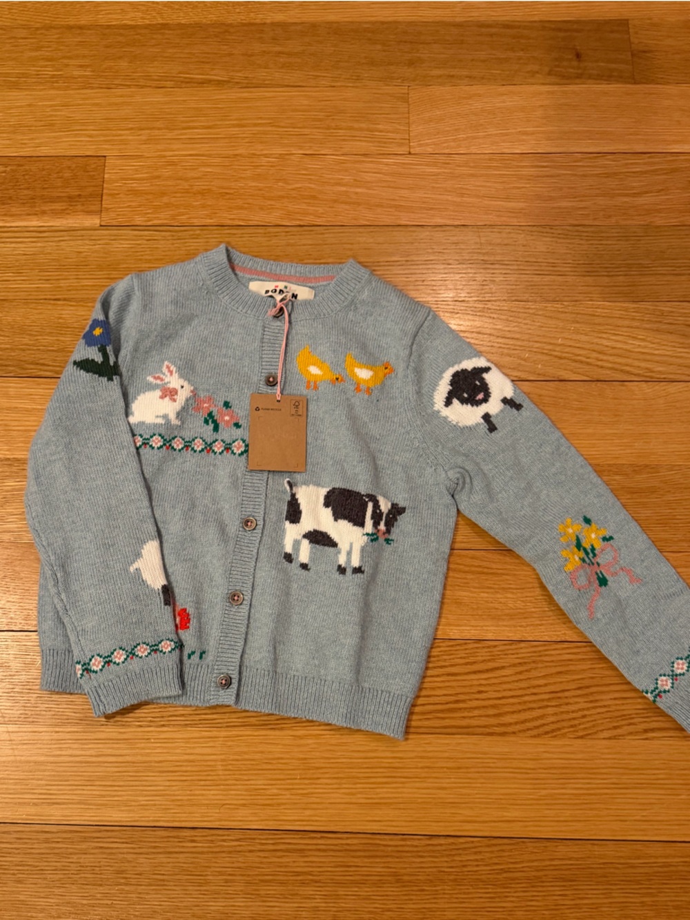 Boden Blue Knit Cardigan with Farm Animal Motifs